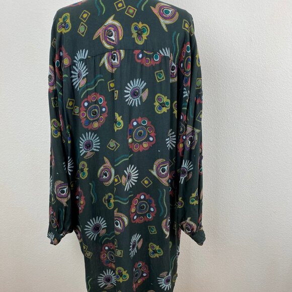 Vintage 80s Tunic Shirt Medium Black Rayon Blouse Embroidered Lagenlook Boho - Picture 6 of 10